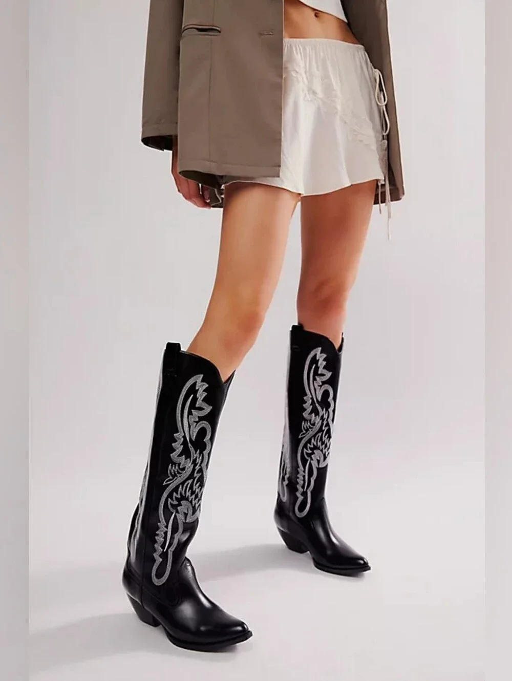 NEW Jeffrey Campbell Finn Tall Black White Stitch Western Boots Knee High 8
